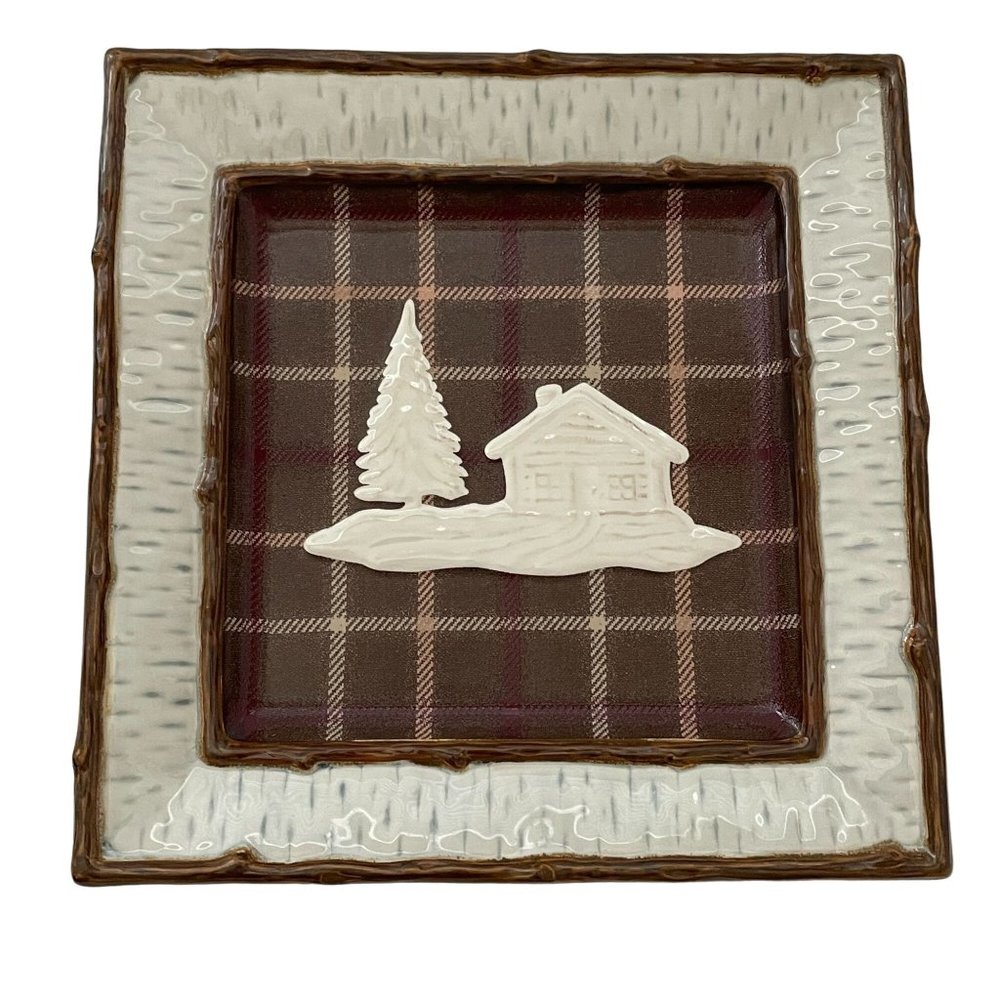 Homestudio Lake Cabin Dinner Plate Square Plaid Rustic Embossed Stoneware 11" - Picture 1 of 13